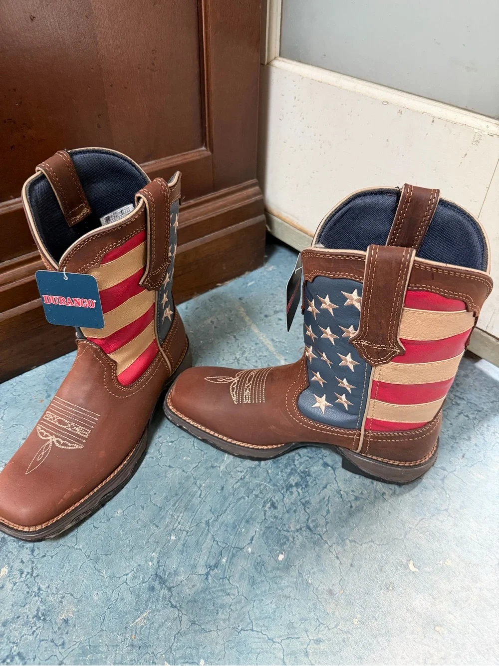 Durango Women’s Brown Boots with Red, White & Blue Flag Shaft
